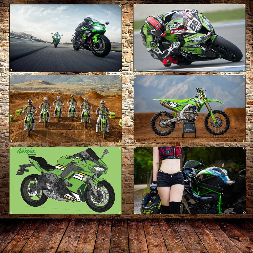 KS Green Motorcycle Flag Banner Polyester Printed Decorative Bunting 60x90cm 90x150cm Auto Enthusiasts Poster for Garage Decor