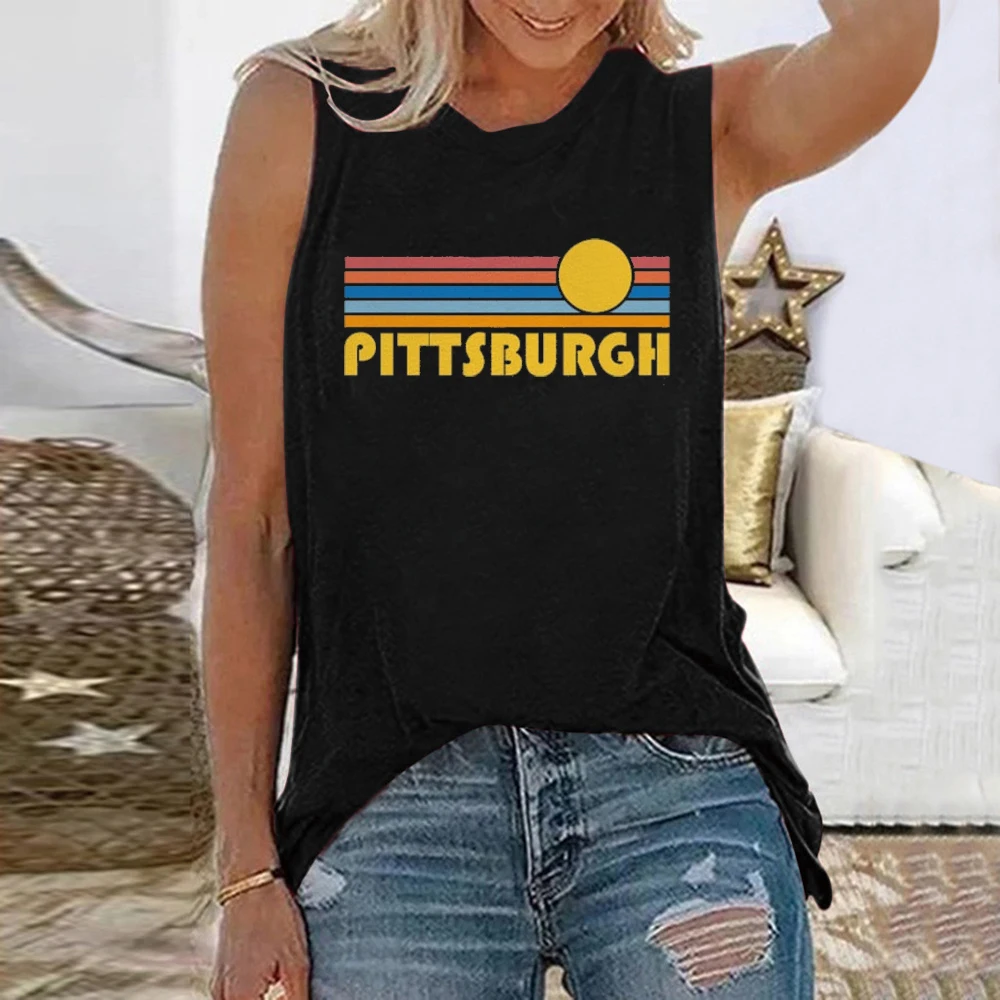 Seeyoushy PITTSBURGH 2023 Summer Sleeveless Women's T-shirt Rainbow Color Printed Harajuku Women's Top Y2K Trend Women Clothing