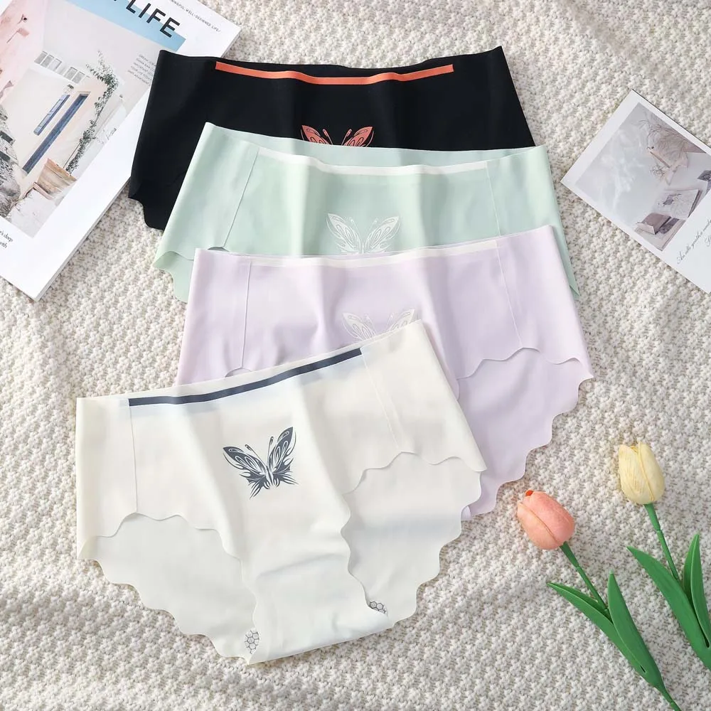 Sweet Butterfly Pattern Seamless Panties Women Solid Color Mid-waist Underwear Nylon Wave Edge Ice Silk Briefs for Female