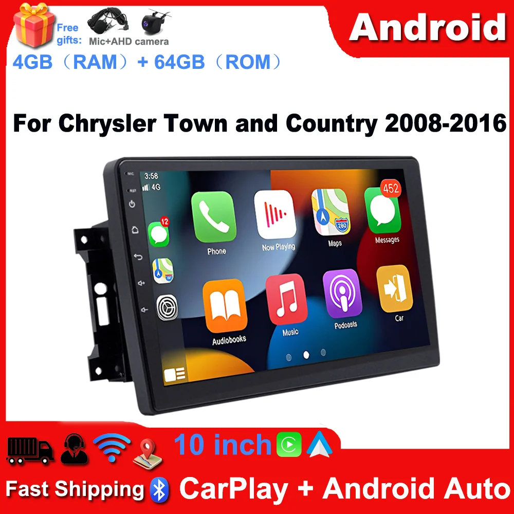 10in Android 13 Car Stereo Radio GPS Navigation 4+64G Compatible for Chrysler Town and Country 2008-2016 Fit for Carplay Android Auto Car Radio with Bluetooth Wifi FM/RDS SWC Split Screen + AHD Backup Camera
