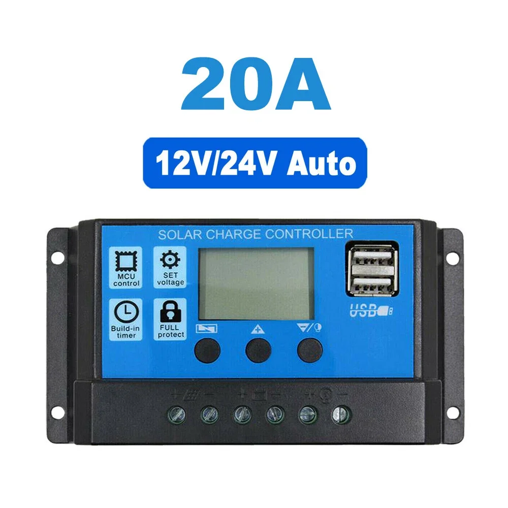 PWM 20A 12/24V Regulator Solar Charge Controller Solar Panel LCD Dual USB