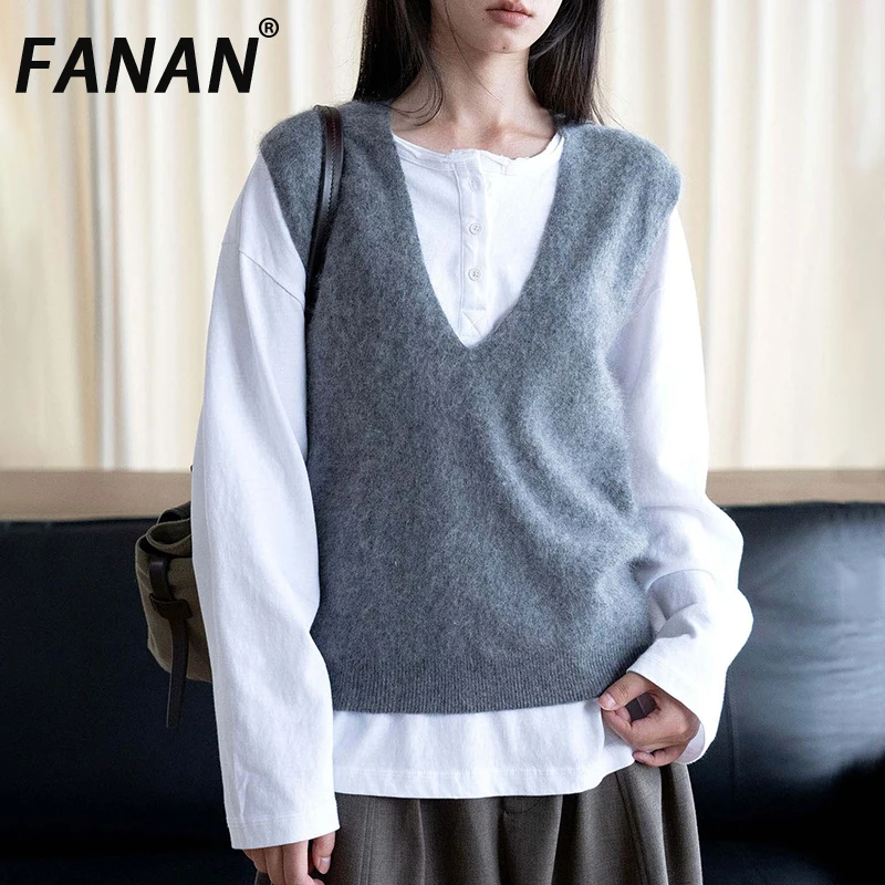 FANAN Autumn New Women V‑Neck Knitted Vest Sleeveless Sweater Tank Top Loose Casual Solid Knit Waistcoat Layer Outfit