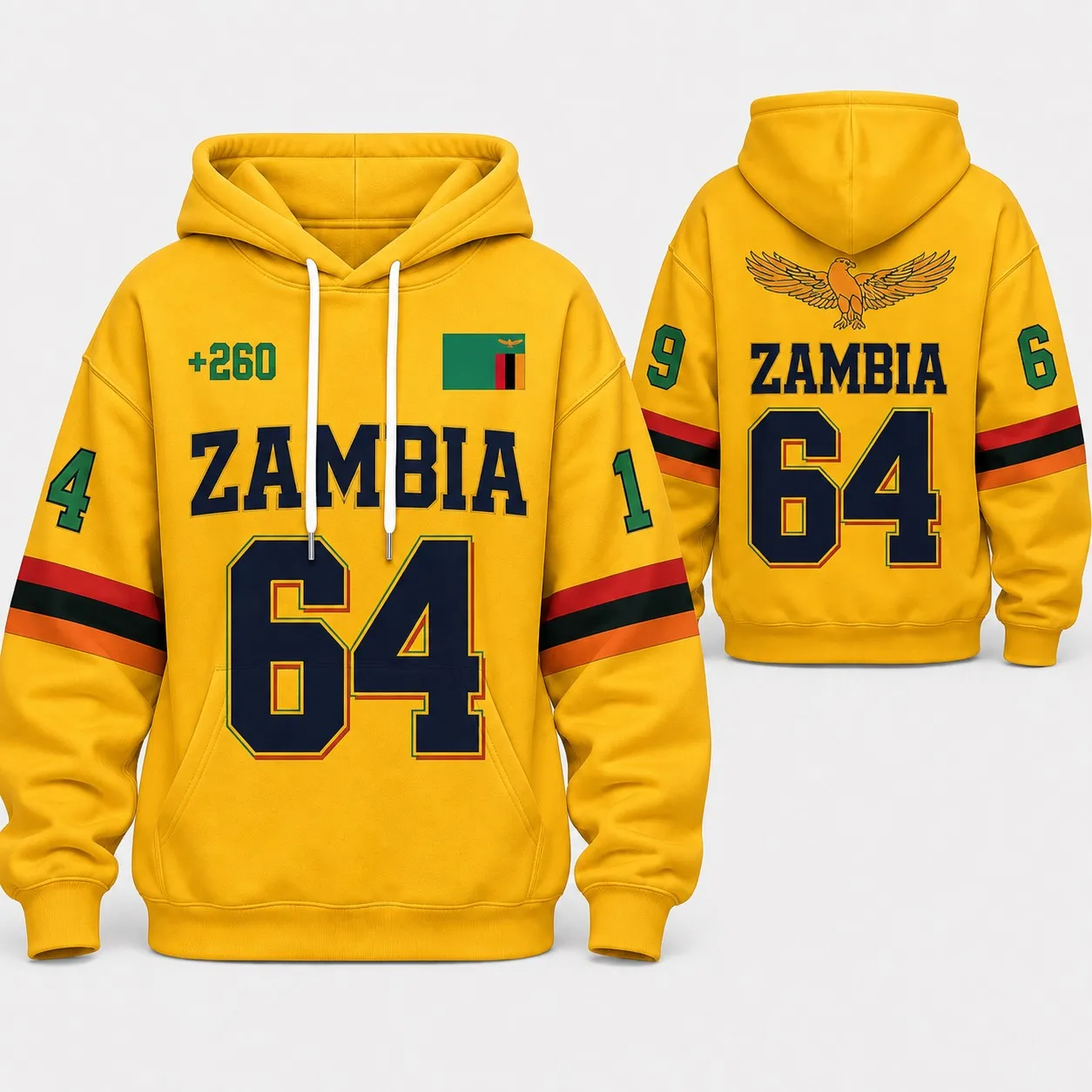 Men's and Women's Long-Sleeved Hooded Sweatshirt with Zambian Flag Pattern Print, Fashionable Street Style Couple Hoodie