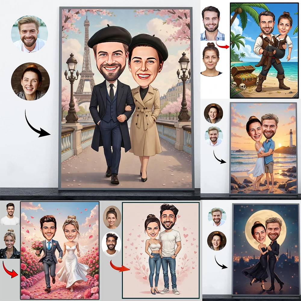 Custom Valentine’s Cartoon Portrait Prints Personalized Valentine’s Caricature from Photo Poster Romantic Couple Cartoon Decor
