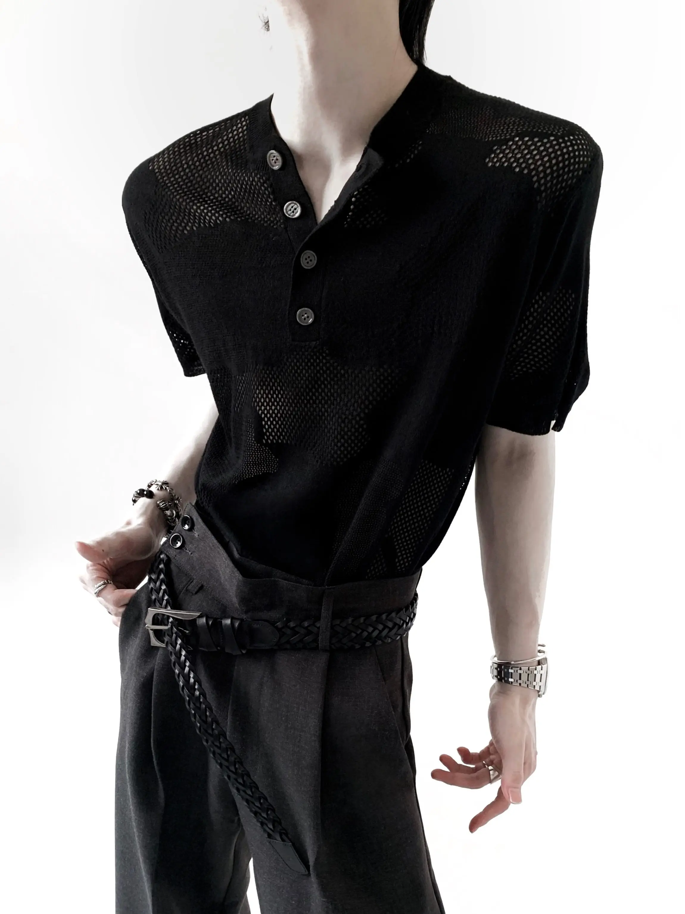 Chic Light Luxury Perspective Knitted T-shirts Men's 2026 Summer New Thin Short-sleeve Tops Male Button Decoration Simple Tees