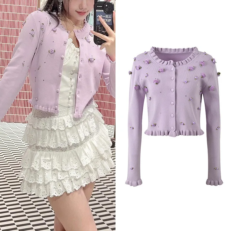 

Purple top long sleeve knitted cardigan coat girl stereo flowers hot drilling wood ear