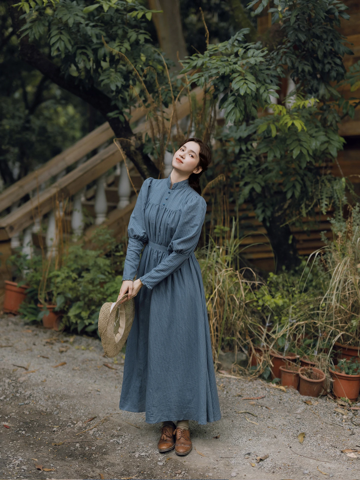 TIYIHAILEY Spring Autumn Women Blue Striped Dress Full Sleeve Long Maxi Ladies S-XL Vintage High Waist 2026 Stand Collar Linen