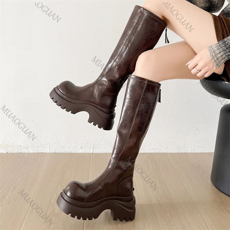 Women's Knee-High Leather Boots, Round Toe, Thick Sole And Heel, Riding Style, Black And Brown_voghion.com