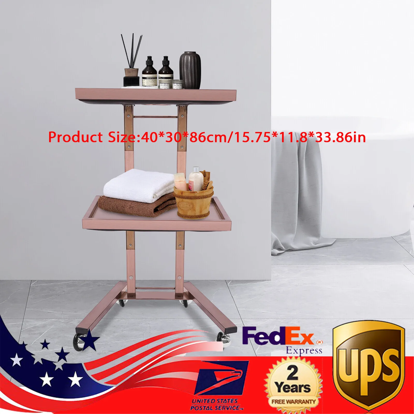 

2 Tiers Stylish Beauty Hairdressing Trolley Rose-Gold Color Salon Trolley Stainless Steel Rolling Cart W/ Trays & 4 Wheels
