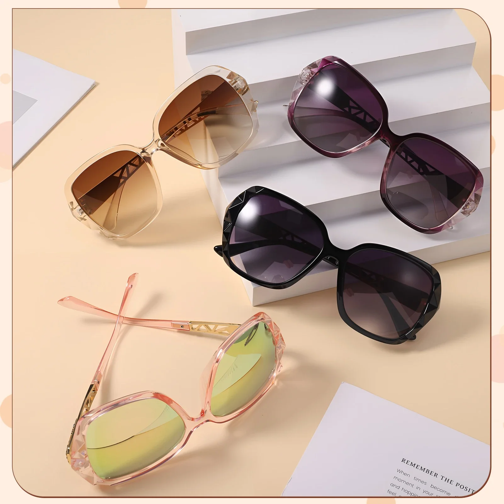 Bocaoying 4 Pairs Women Polarized Sunglasses, Oversized UV 400 Protection Sun Glasses with 4 Colors, Fashion Ladies Large Sunglasses Trendy with Shiny Rhinestone