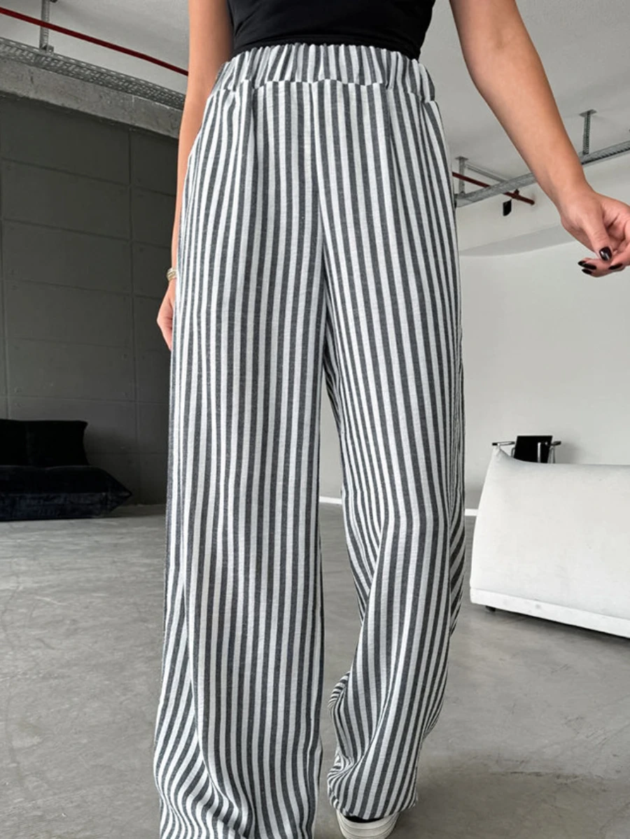 Bronladies High Waisted Thin Pants Women\'s Stripe Versatile Fashionable Loose Trousers Casual Office Lady Wide Leg Pants Summer