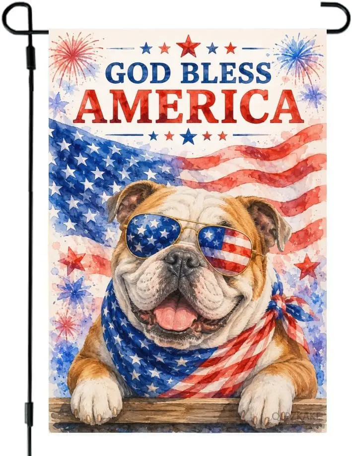 Welcome 4th of July Bulldog Garden Flag 12 x 18 Inch Double Sided Design Use linen material for Memorial Veterans Independen PPZ