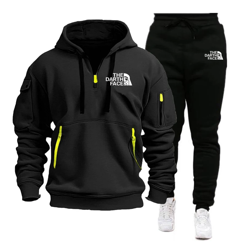 Men's hooded sports shirt set featuring ahalf-zip collar design with printed patternsa loose and comfortable beltwaist pants set