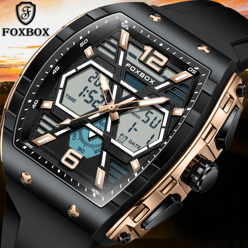 

Мужские цифровые наручные часы FOXBOX, новые, роскошные, модные, черные, с силиконовым ремешком, квадратные, светящиеся, водонепроницаемые, с LED-подсветкой, кварцевый хронограф