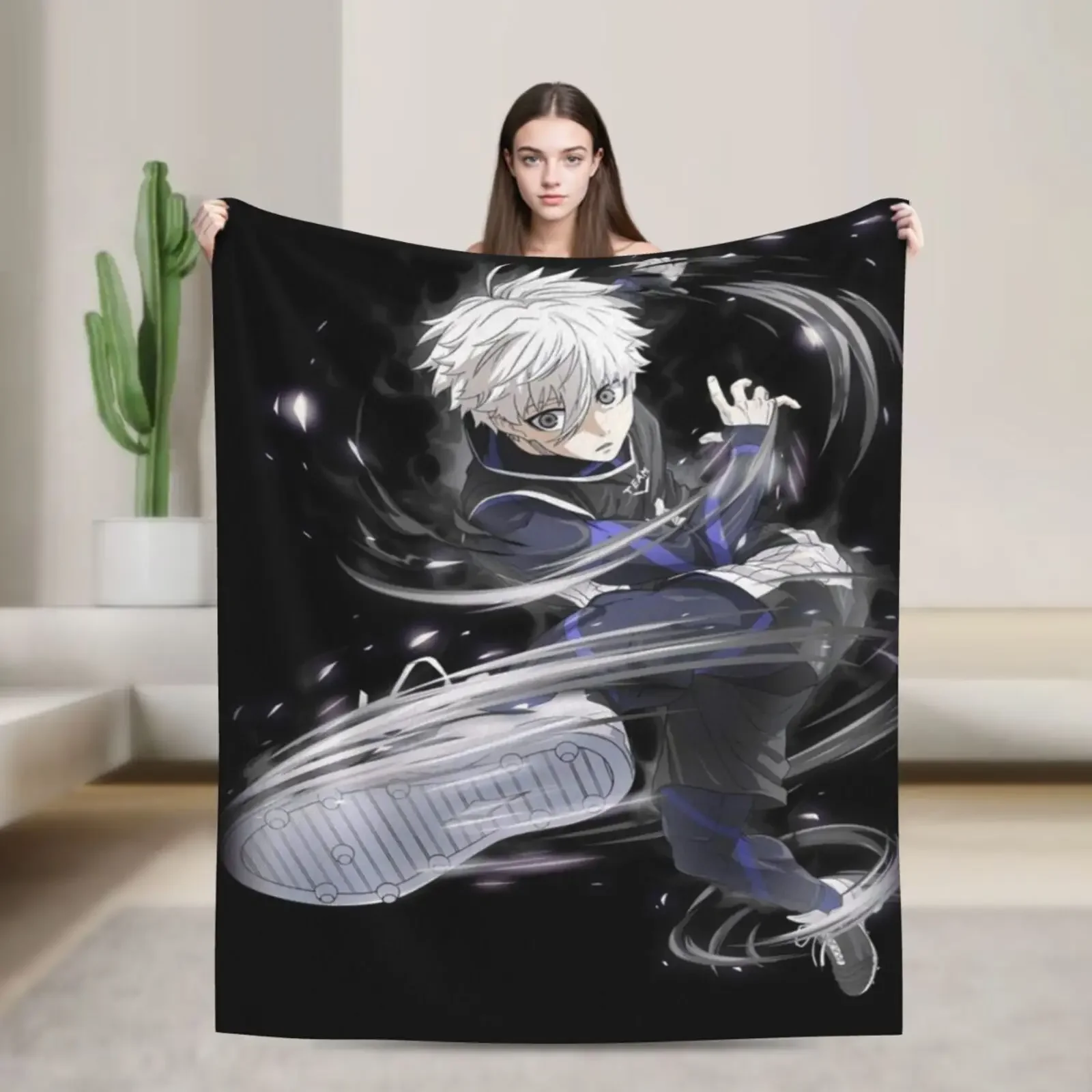

Blue Anime Lock Flannel Blanket for Couch Sofa Bed, Home Decor, Cool Cartoon Character Lightweight Warm Blanket For Living Room