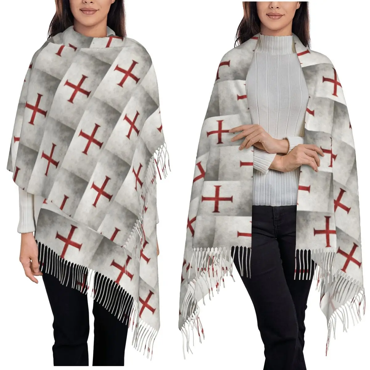 Templar Cross Medieval Crusader Scarf Tassel Scarves Women Soft Warm Shawls and Wraps Large Fall Winter Shawl Wrap