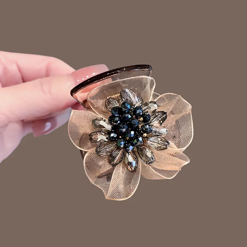 

Заколка-краб для волос из шелковой пряжи с кристаллами и цветами, для полупучка, женская, модный аксессуар для волос