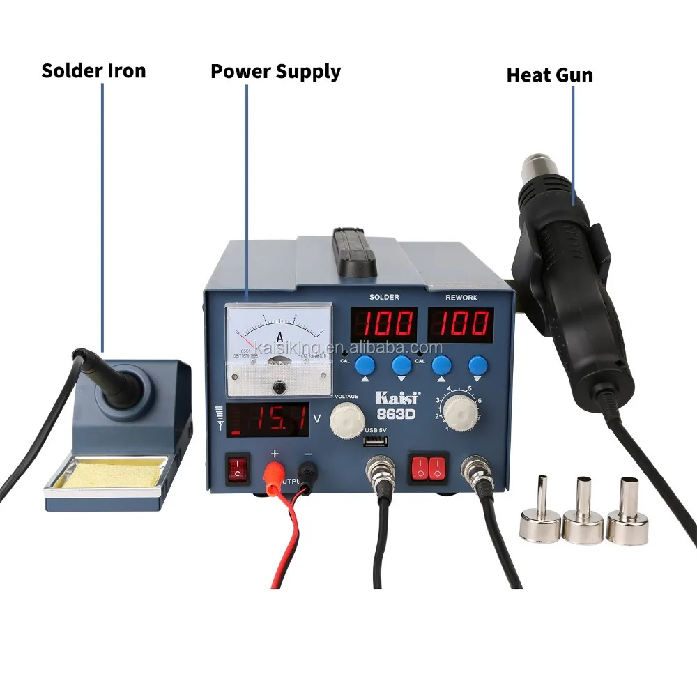 Kaisi-stasiun pengerjaan ulang solder dengan catu daya, pistol udara panas, SMD, BGA, PCB, perbaikan IC, K-863D, 3 in 1