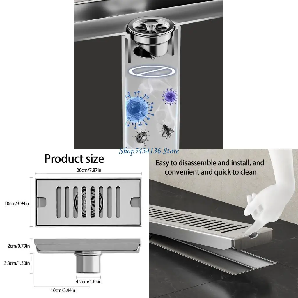 H7ED Modern Rectangular Shower Drain with Middle Drainages and Hair Trap Features Easy Maintenance and Easy Installion