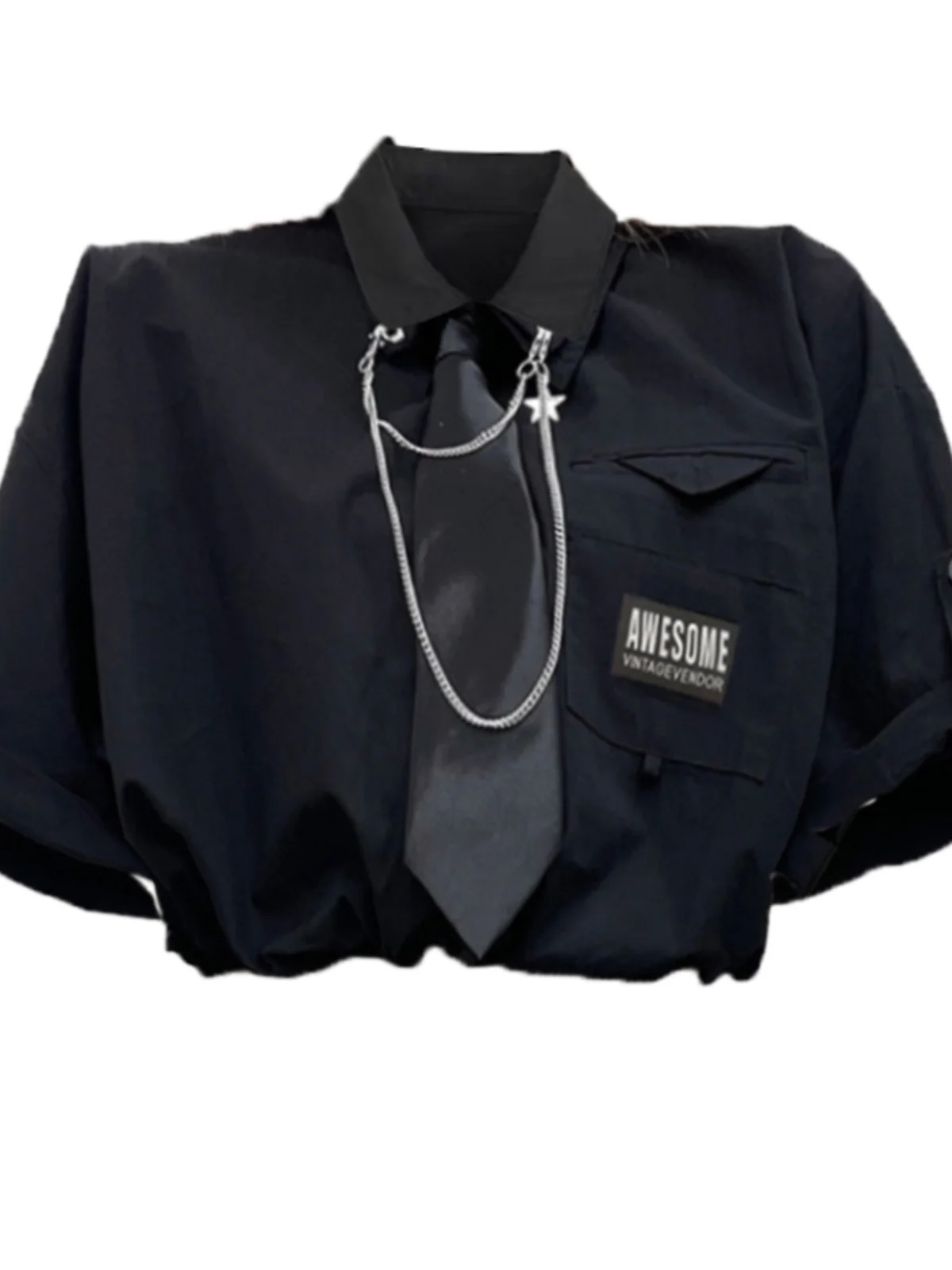 Summer Black American Sexy Short Sleeve Turn-down Collar Handsome Shirt Personalized Girl Chain Loose Street Punk Versatile Top