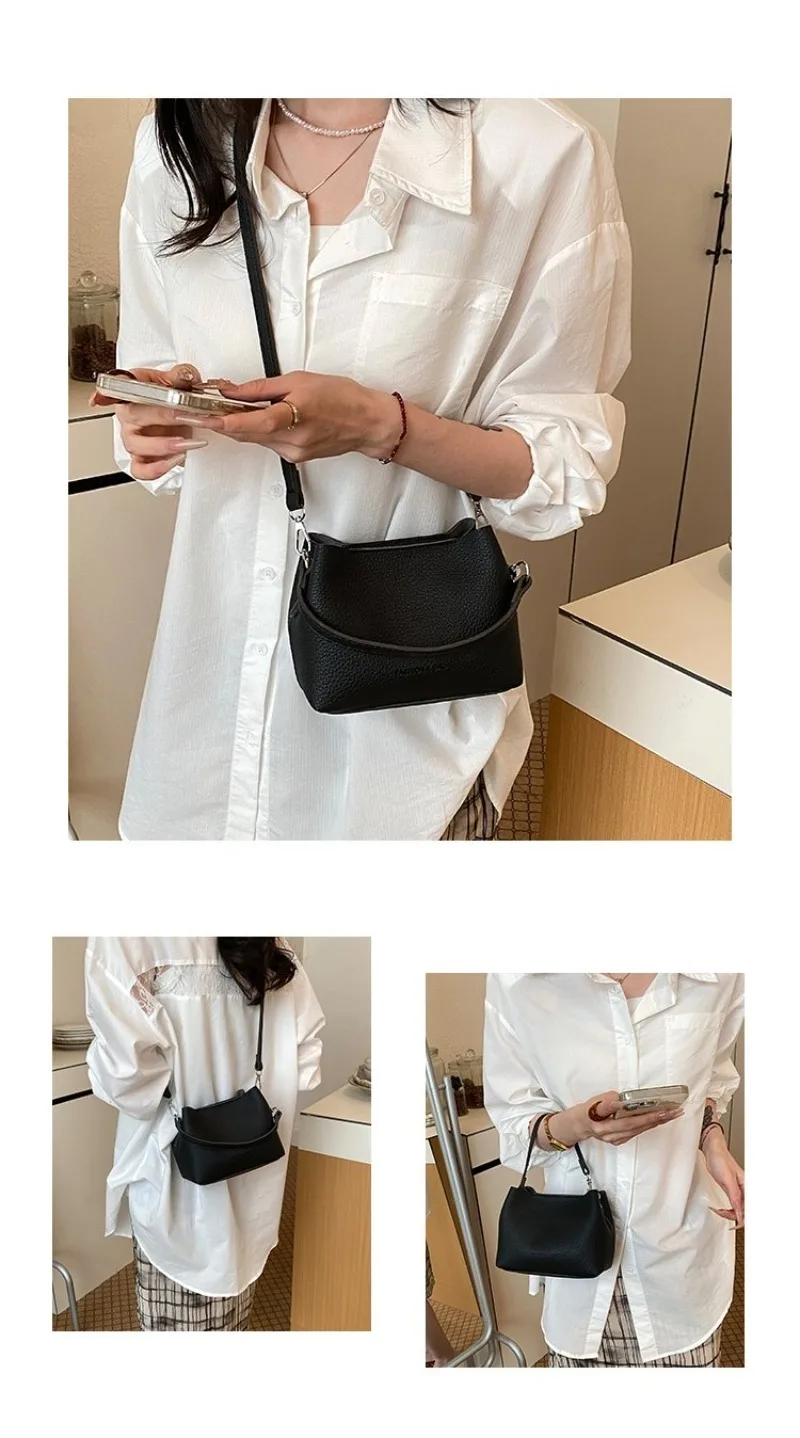CEEKAY Minimalistische Mini-Eimertasche aus genarbtem, lederähnlichem Leder mit Aufdruck, leicht und tragbar, als Umhängetasche oder Schultertasche für Kaffeebraun – Detail 4