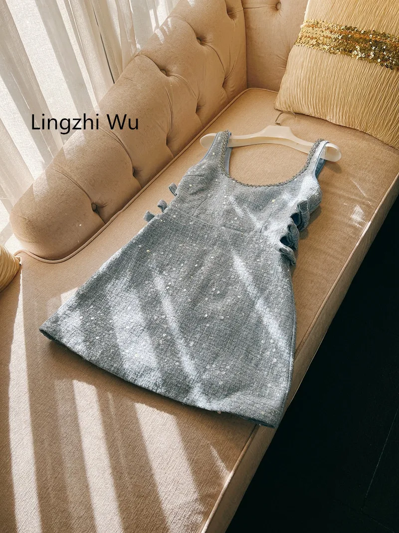 

Lingzhi Wu 2024 Spring Smog Blue Diamond Decoration Design Bow Hollow Out Waist Holiday Short Dress Spaghetti Strap Dresses