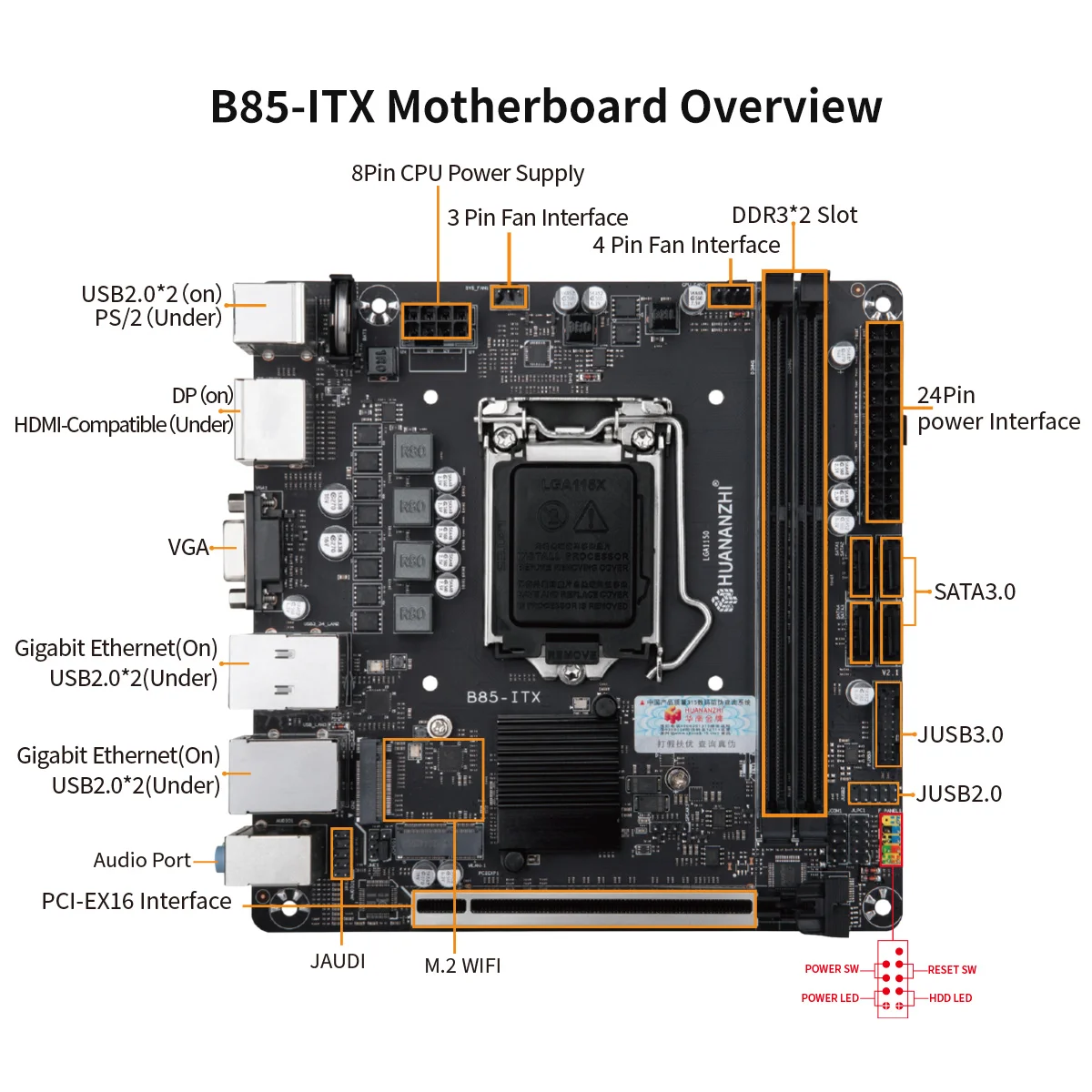 Imagem -06 - Huananzhi B85 Itx Placa-mãe Itx Intel Lga 1150 i3 i5 i7 e3 Ddr3 1600mhz 16gb M.2 Sata Usb3.0 Vga dp Hdmi-compatível