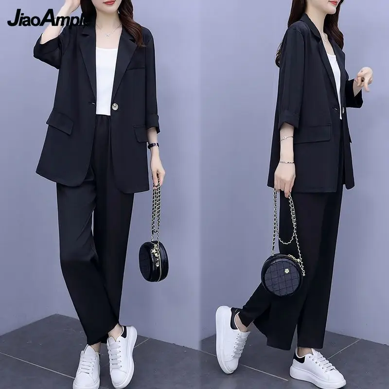 2024 Women Autumn New Casual Blazers Jacket Trousers Matching Set Korean Elegant Loose Suit Coat Pants Two Piece Female Clothing