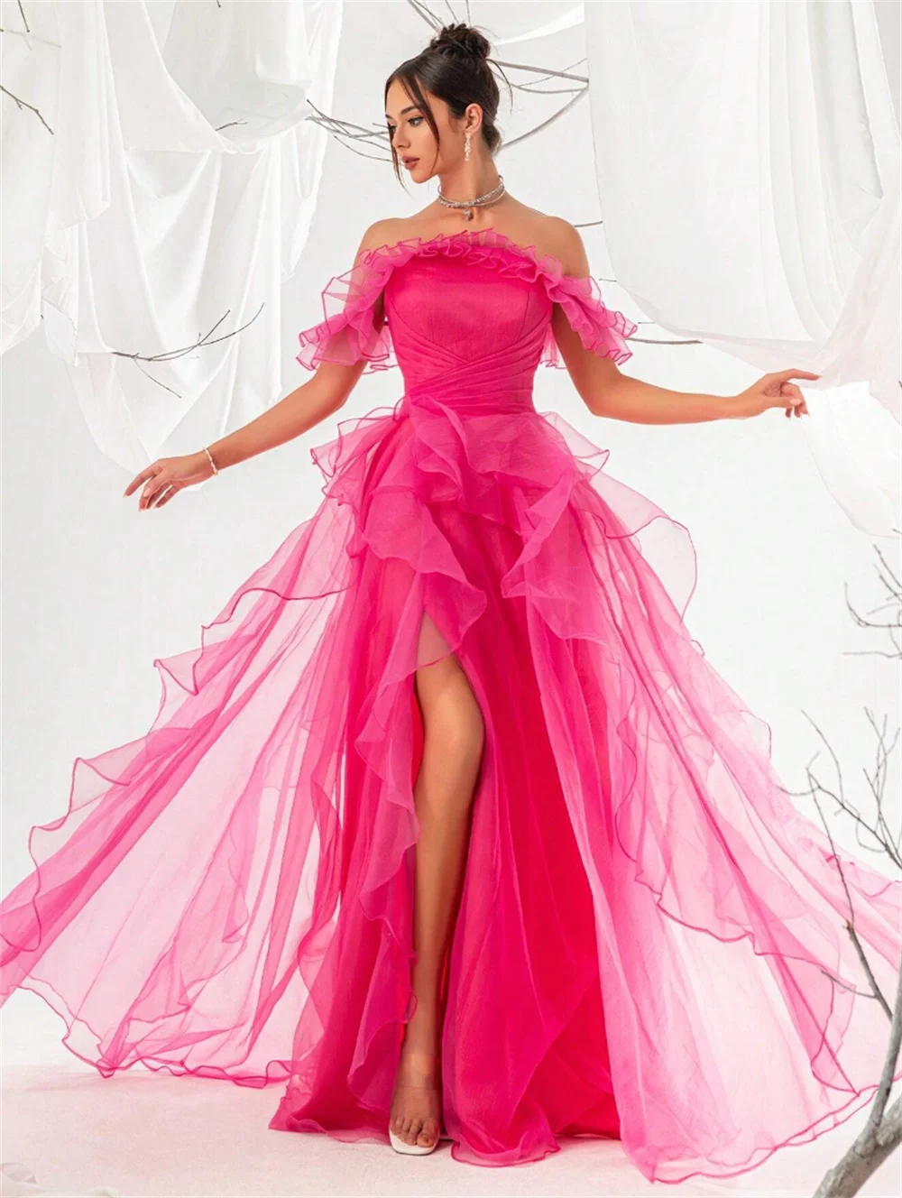 Jessica-Robe de Soirée Rose en Organza, Tenue de Bal, Fait à la Main, Bords Bouclés, Épaules Dénudées, Fente Latérale, Corset, ixde Mariage