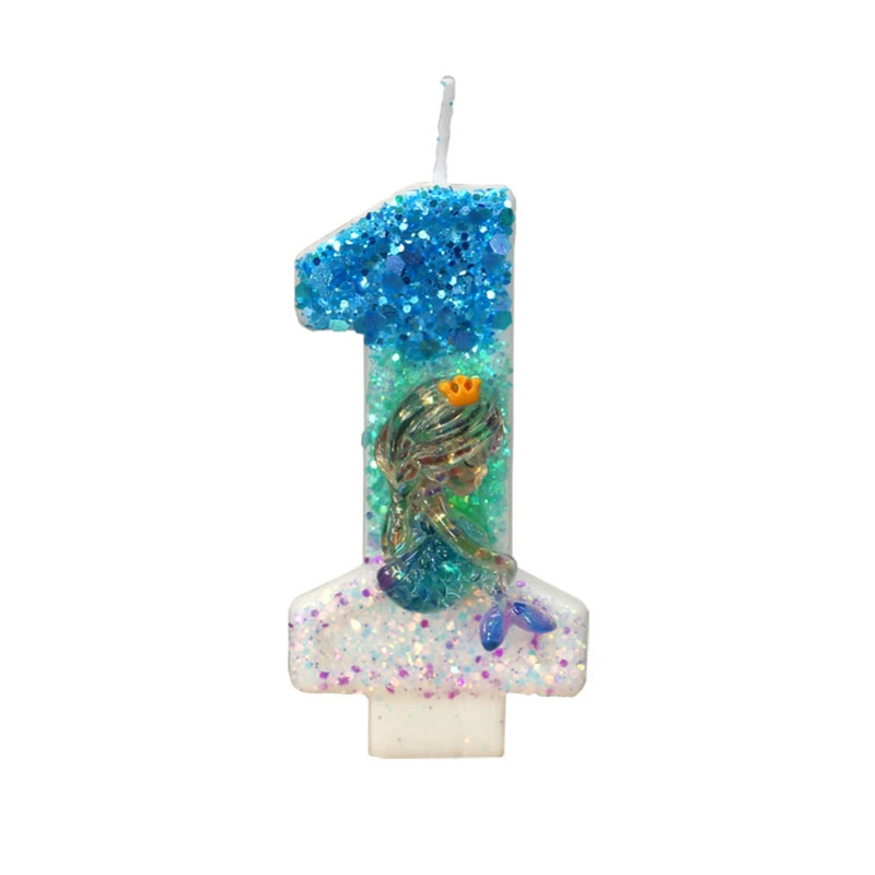 Velas de cumpleaños azul océano para niños, vela de playa con lentejuelas, sirena, fiesta de cumpleaños, decoración de pastel de boda, número 0-9
