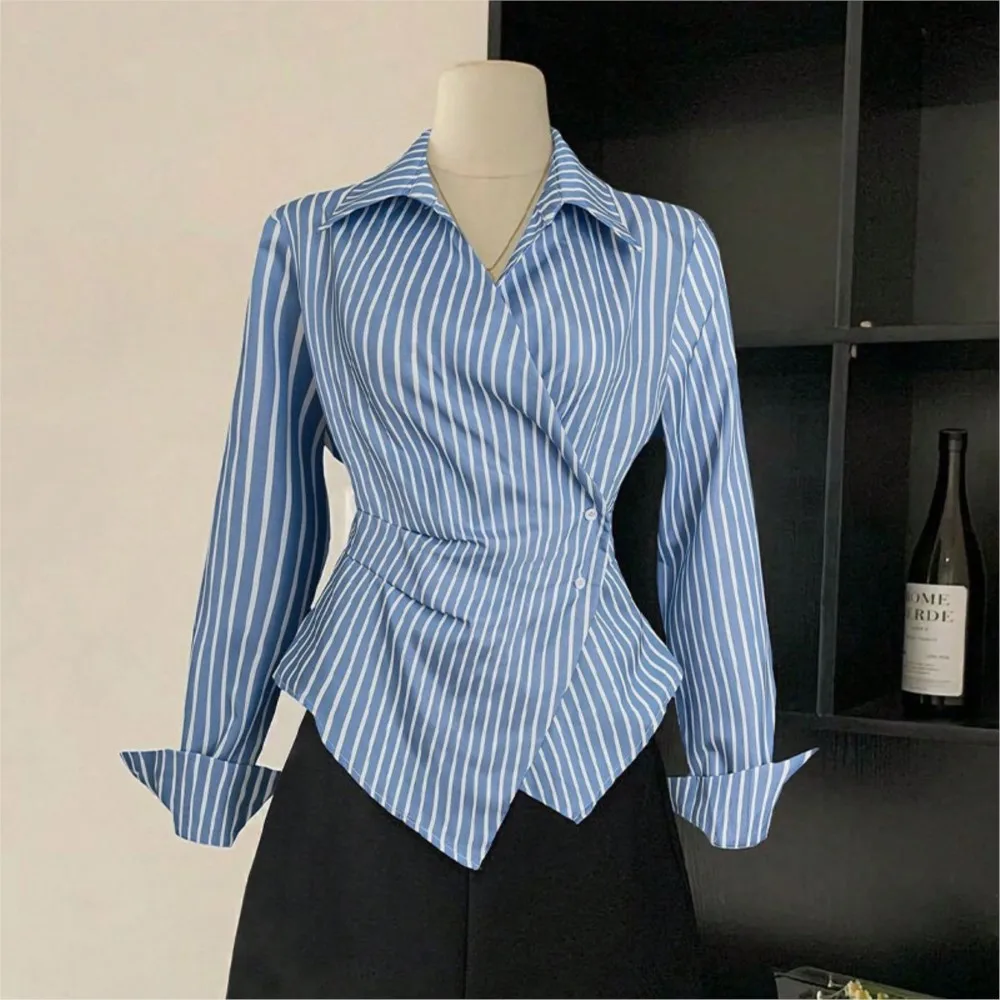 

Loose Women's Shirts Fashionable Stripes Contrasting Colors Fit Daily Commuting Style Tops Long Sleeves Irregular Lapels Clothes