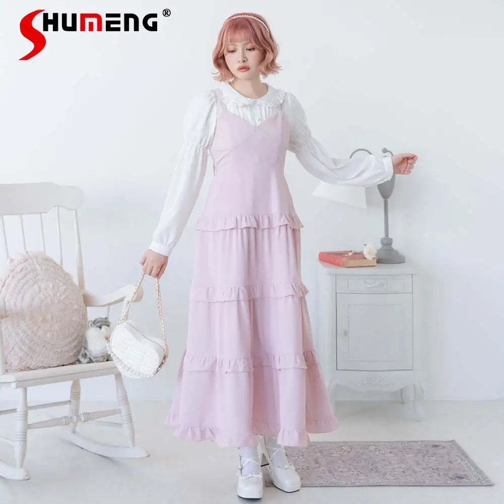 Japanese Style Sweet Long Slip Dress for Women 2024 Spring New Cute Elastic Waist Pleated Cake Strap Dresses Ladies Robe Femme