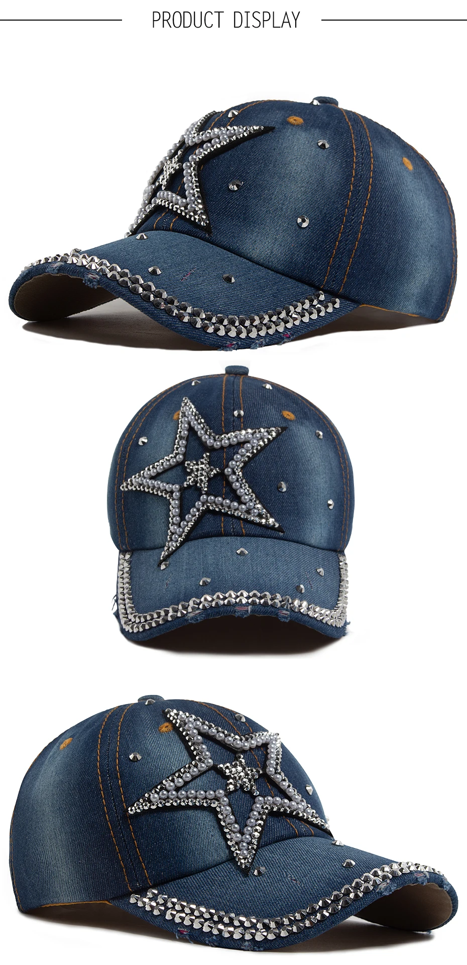 Y2K Pentagramm Denim Tuch Baseball Kappe Frauen Mode Vintage Snapback Männer Weibliche Hip hop Glänzenden Strass Hut Für Frühling Herbst – Detail 4