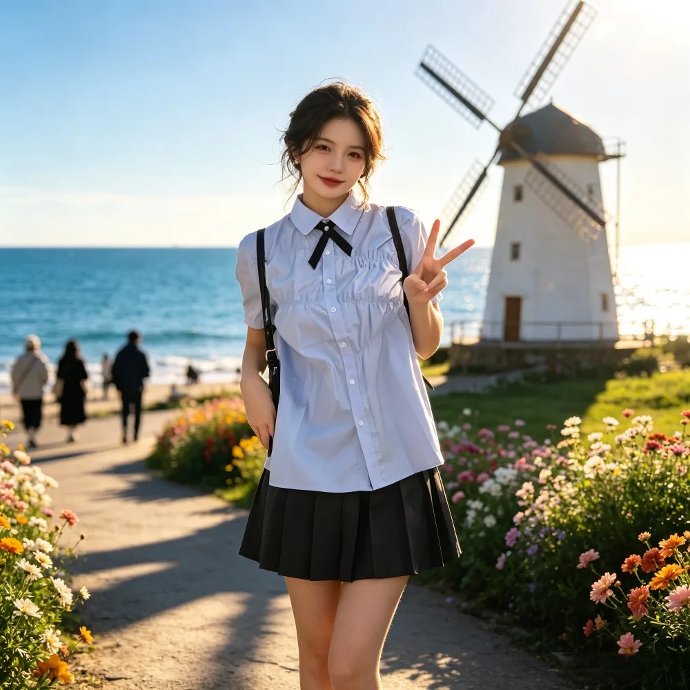 

Sweet Blue JK School Uniform, Loose Short Sleeve Pleated Top, Niche Design Women Shirt for Summer Daily Wear & Cosplay