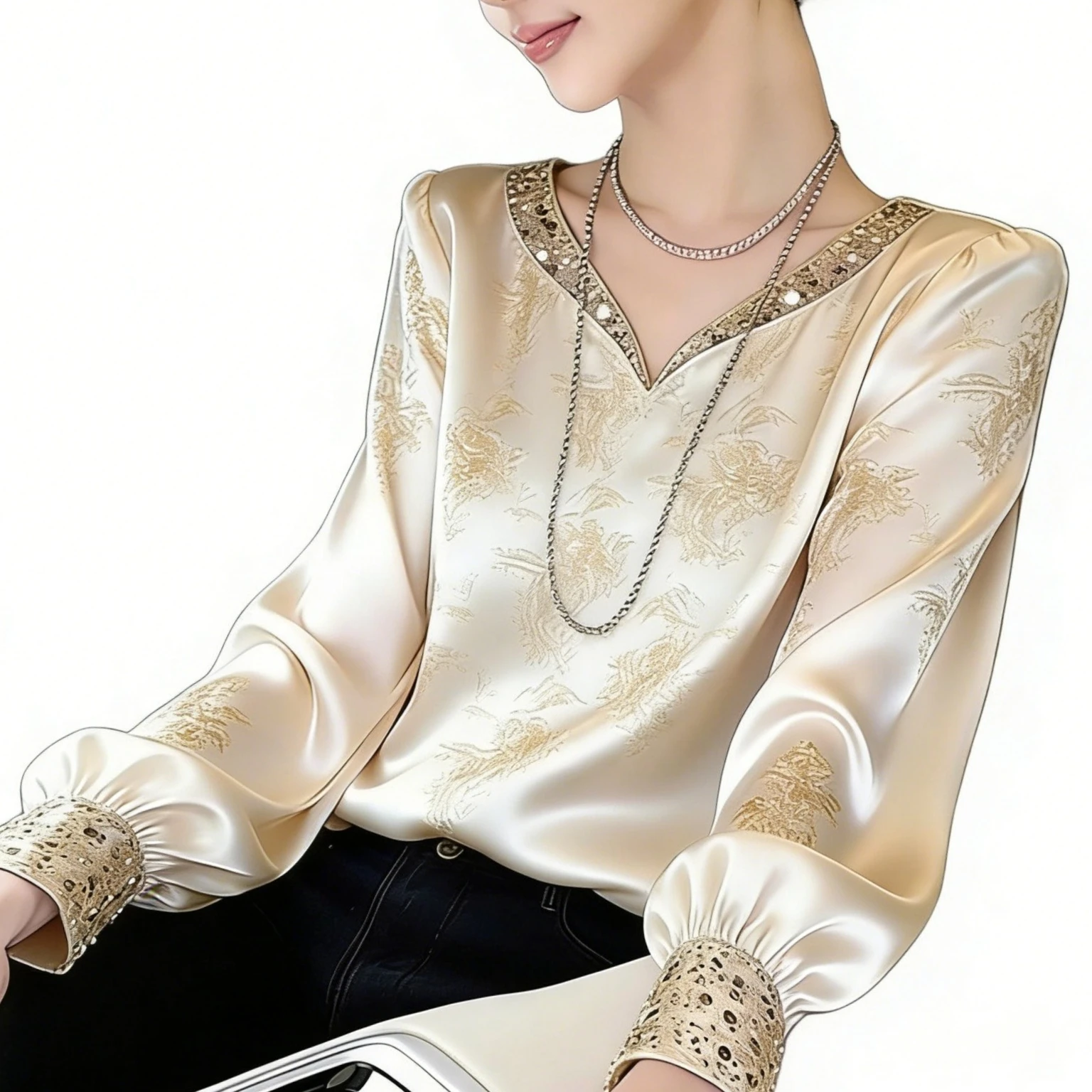 

Luxury Satin V-Neck Blouse for Women - Gold Jacquard Embellished Long Sleeve Top Elegant Evening Party Wear French Office Lady