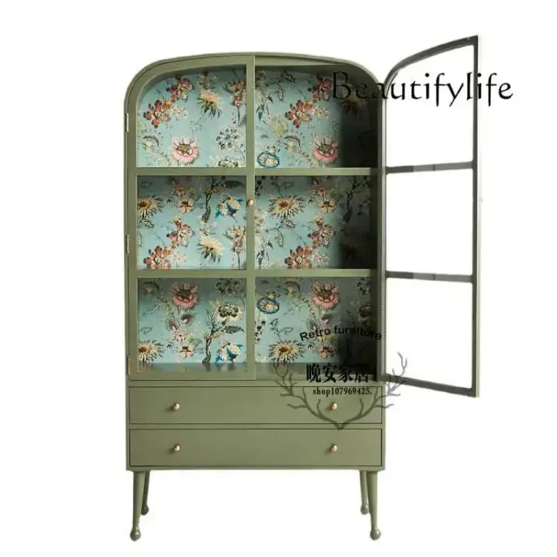 

JB HFrench Стеклянный боковой шкаф из массива дерева Двойная дверь у стены Высокий шкафчик Винный шкаф Входной фойе Декоративный шкаф