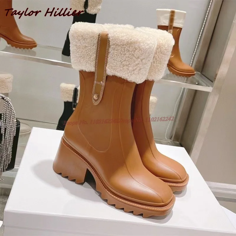 Winter Lamb Wool Rain Boots Square Toe Thick Heel Side Zipper Genuine Leather Short Boots Elegant Knight Boots Female Gladiator