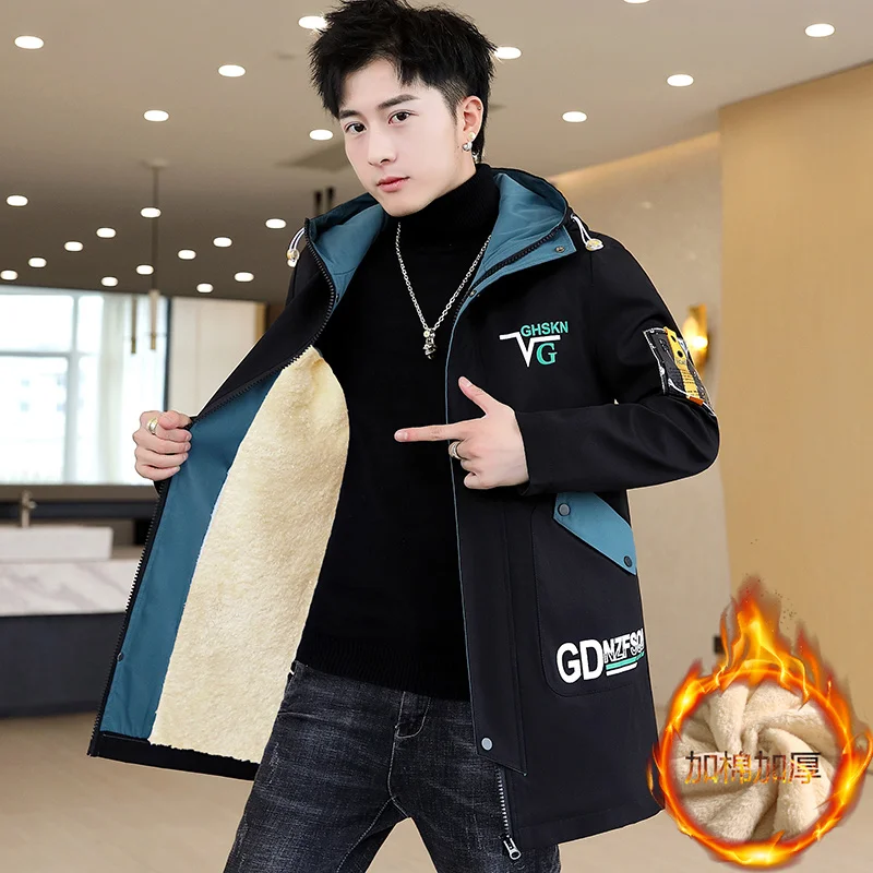 New Autumn Winter Mid-Long Length Fleece Hooded Jackets Men\'s Thick Warm Windbreaker Streetwear Plush Lining Tops Coat For Youth