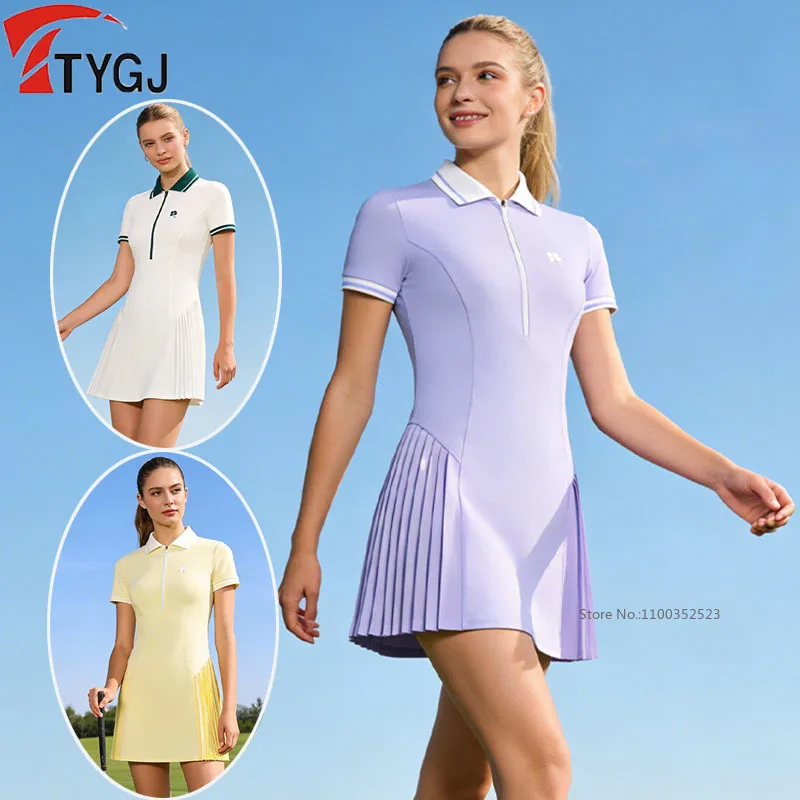 TTYGJ Sports Tennis Golf Dress Women Short Sleeve Zipper Collar Polo Dresses with Shorts A-lined Pleated Slim Golf Skirt New