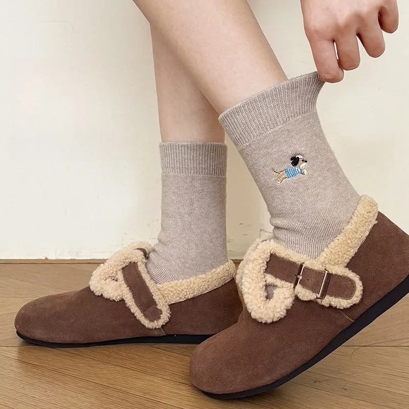 5 Pairs Cute Cartoon Dog Women's Thermal Mid-Calf Socks Fall Winter Korean-Style Wool Ankle Socks Thermal Socks High Quality