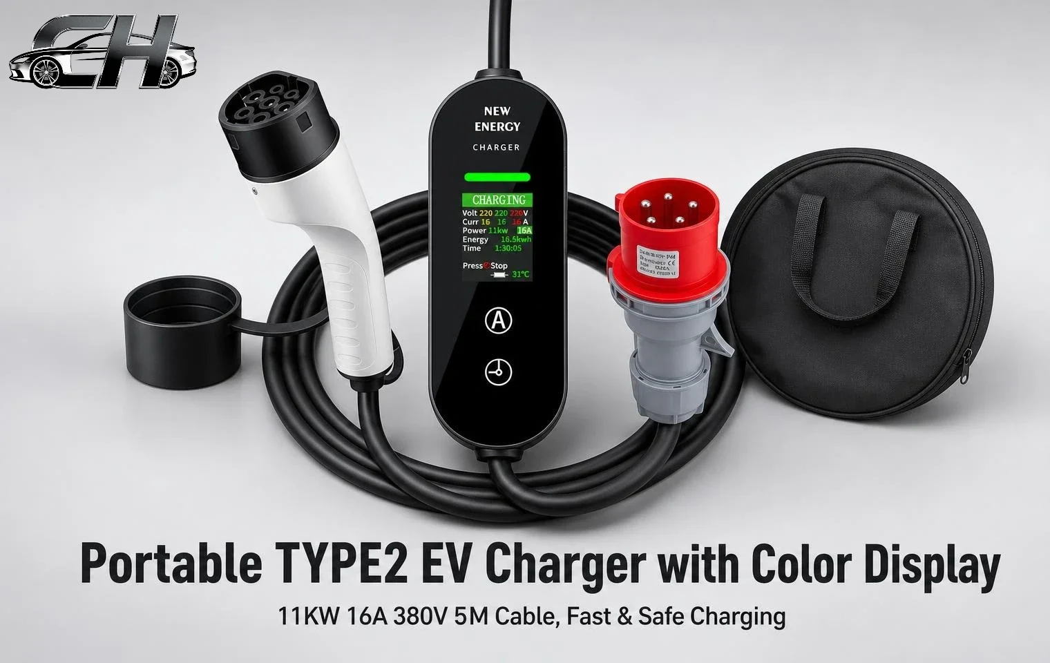 Portable EV Charger Type2 380V 16A 11KW 5M Cable 3pinHome Car Charging Box For EU Standard Electric Vehicles Current Adjustable
