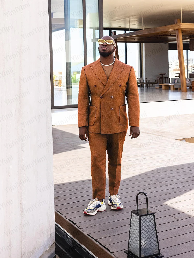 Классический коричневый мужской костюм, двубортный деловой приталенный свадебный пиджак, комплект из 2 предметов, мужской смокинг, пиджак для выпускного вечера по индивидуальному заказу