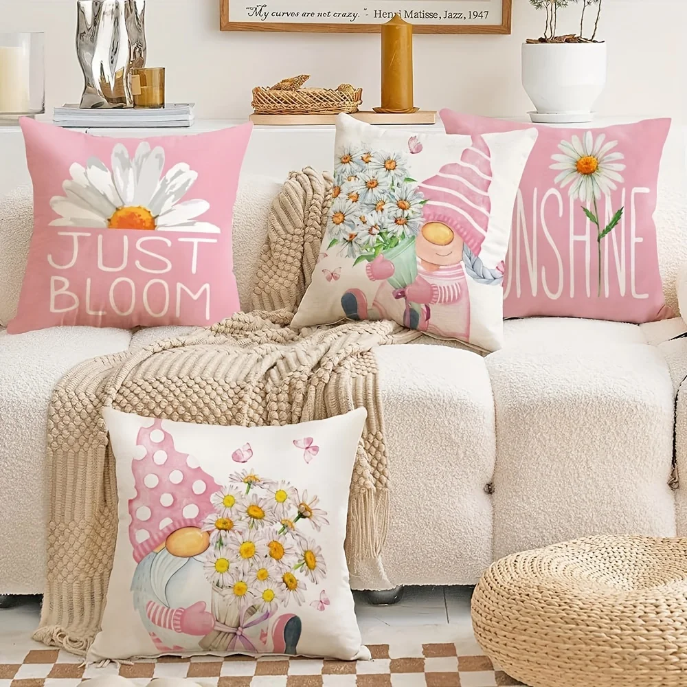 4Pcs Farmhouse Pillow Covers, Pink Gnome & Daisy Print Cushion Cases for Home Sofa Bedroom Decor (No Insert)