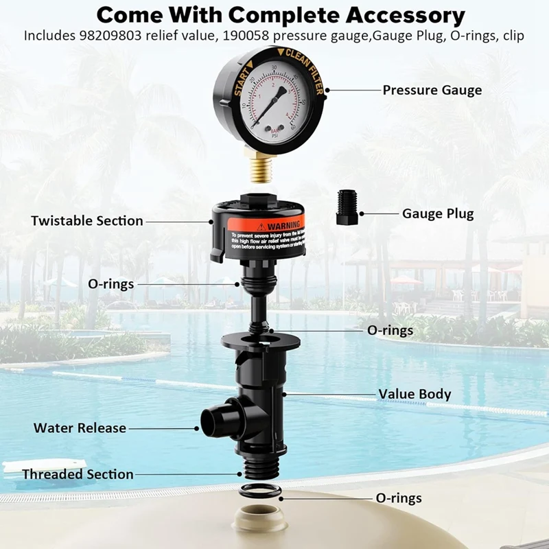 98209800 Pool Filter Pressure Gauge, Manual Bleed Valve Release Valve For Pool And Spa Filters 98209803