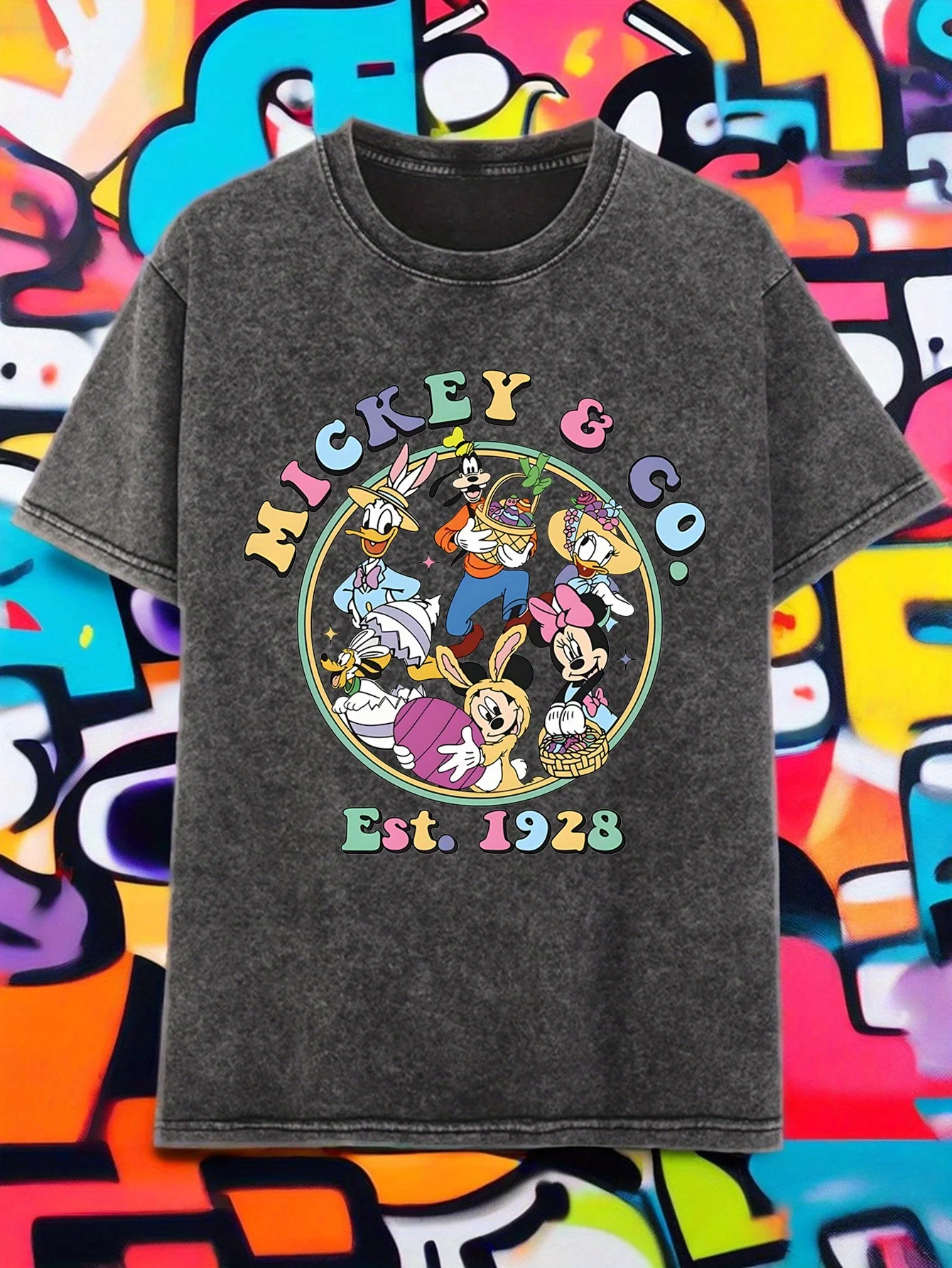 

Disney Mickey&Co. Мужская и женская футболка в стиле ретро с пасхальным забавным рисунком и принтом, топ с короткими рукавами из чистого хлопка