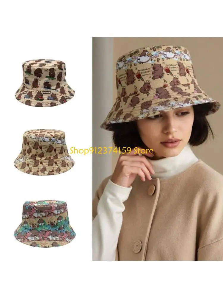 G5AE Breathable Polyester Capybara Bucket Hat Animal Print Fisherman Adjustable Hat