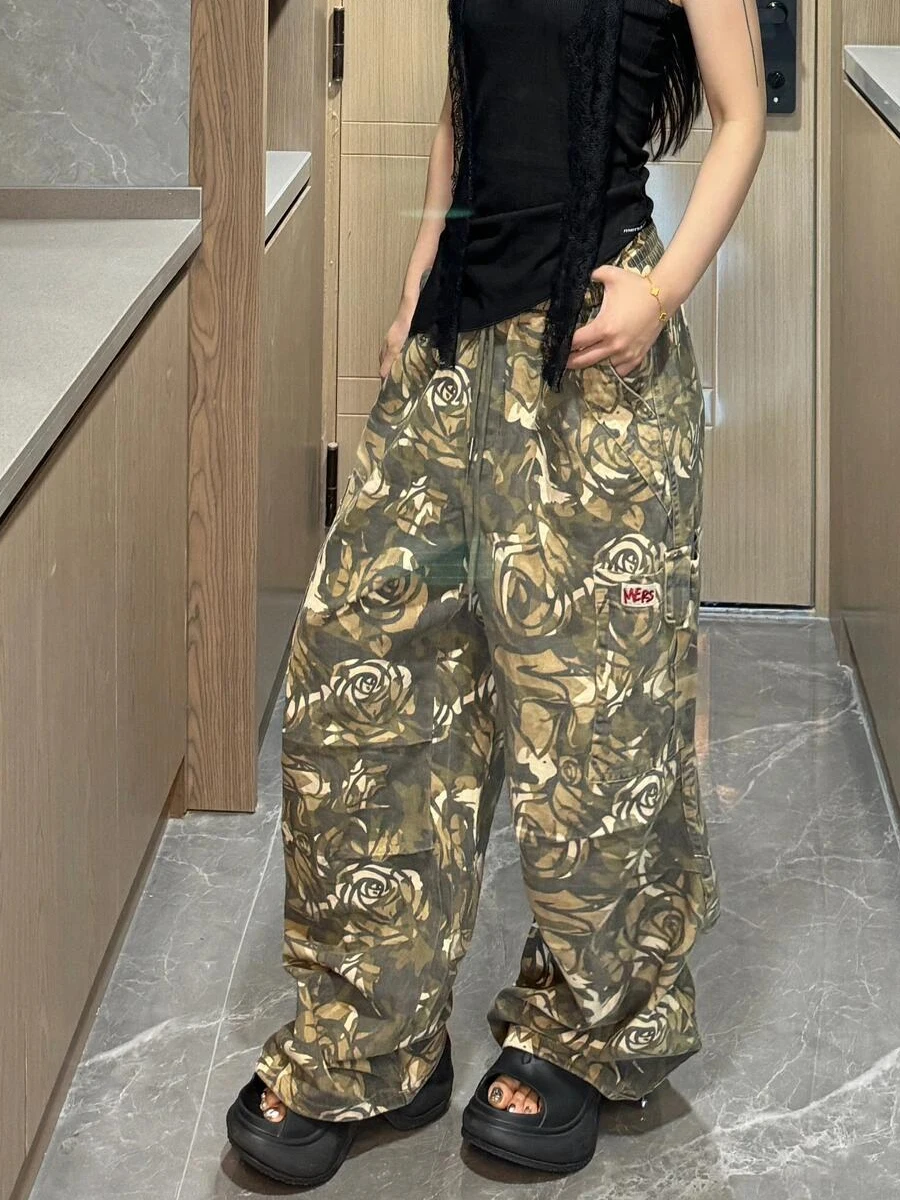 Autumn Winter New Low Rise Jeans Y2k Ladies American High Street Baggy Pants Woman Camouflage Drawstring Mop Jeans for Women