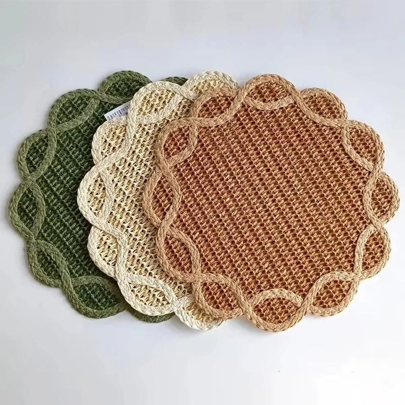 2pcs Creative Home Decor Flower Shaped Paper Woven Placemat Heat Insulation Table Mat Western Style Dinner Mat For Photo Prop
