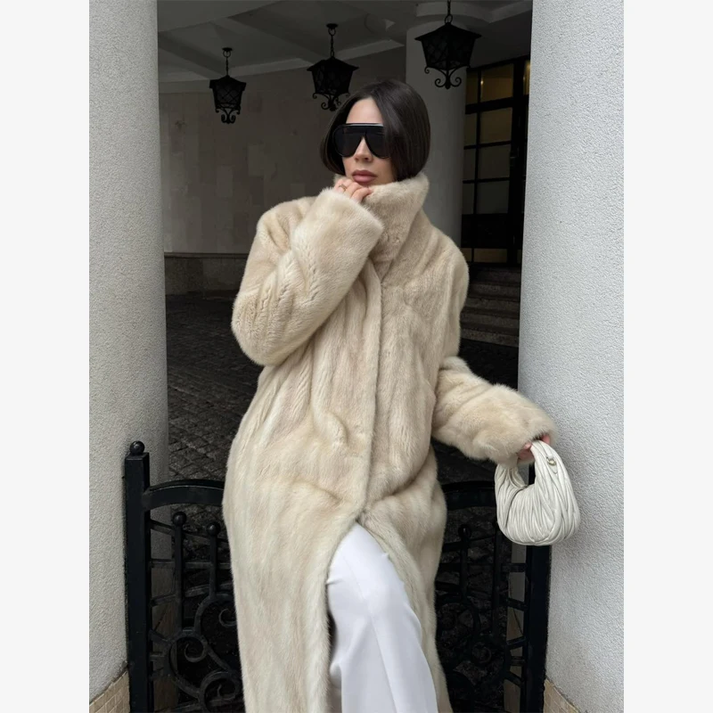 Luxury Faux Fur Maxi Coat Chic Open Front Stand‑collar Long Sleeve Oversized Outerwear Winter Women Fashion Autumn Warm 2026 New