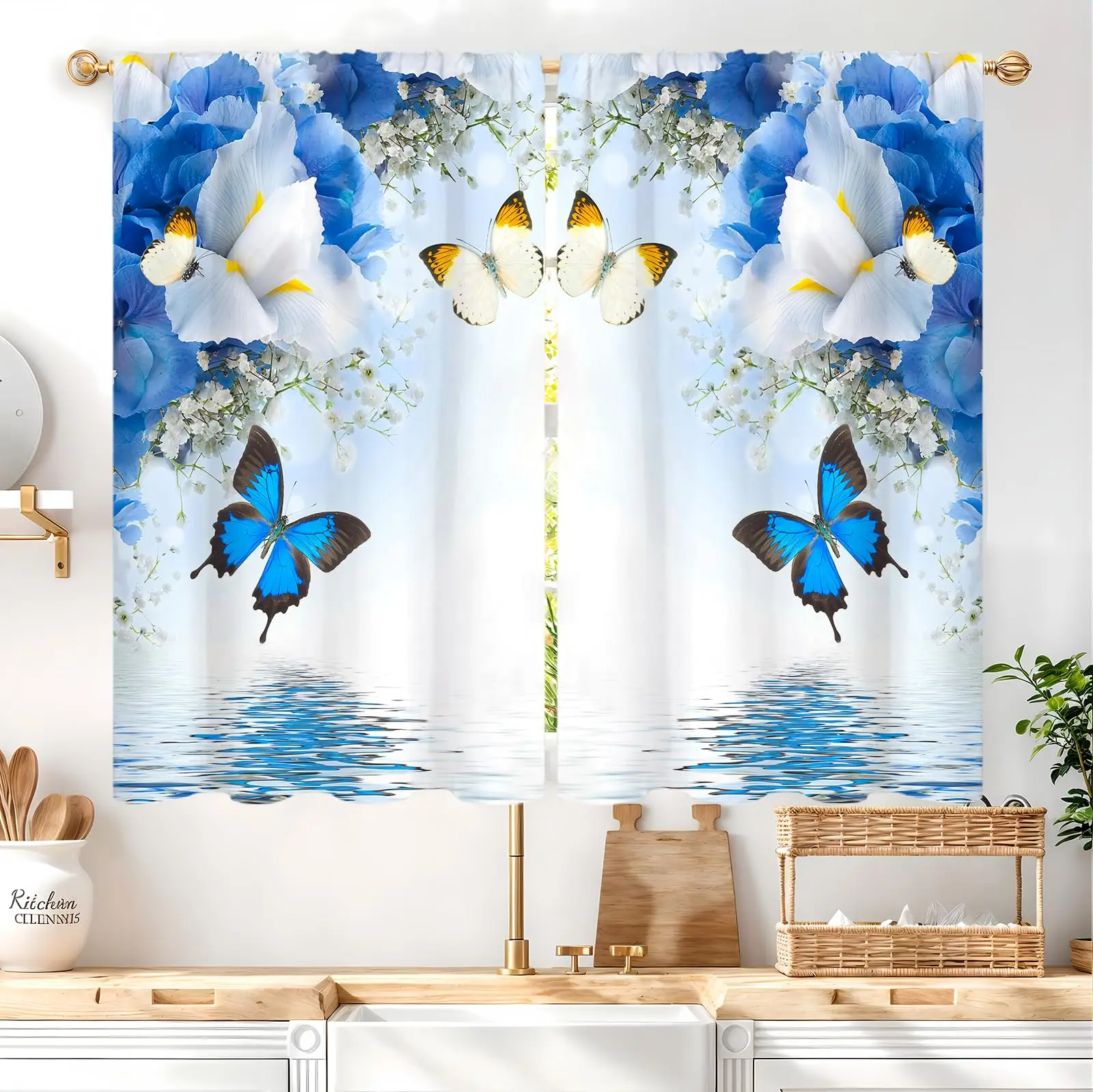 Blue Floral Butterfly Tier Curtains Rod Pocket Short Cafe Kitchen Curtains Teal Daisy Wildflower Window Drapes Bathroom Decor